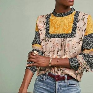 Anthropologie Love Actually Patchwork Silk Blouse M